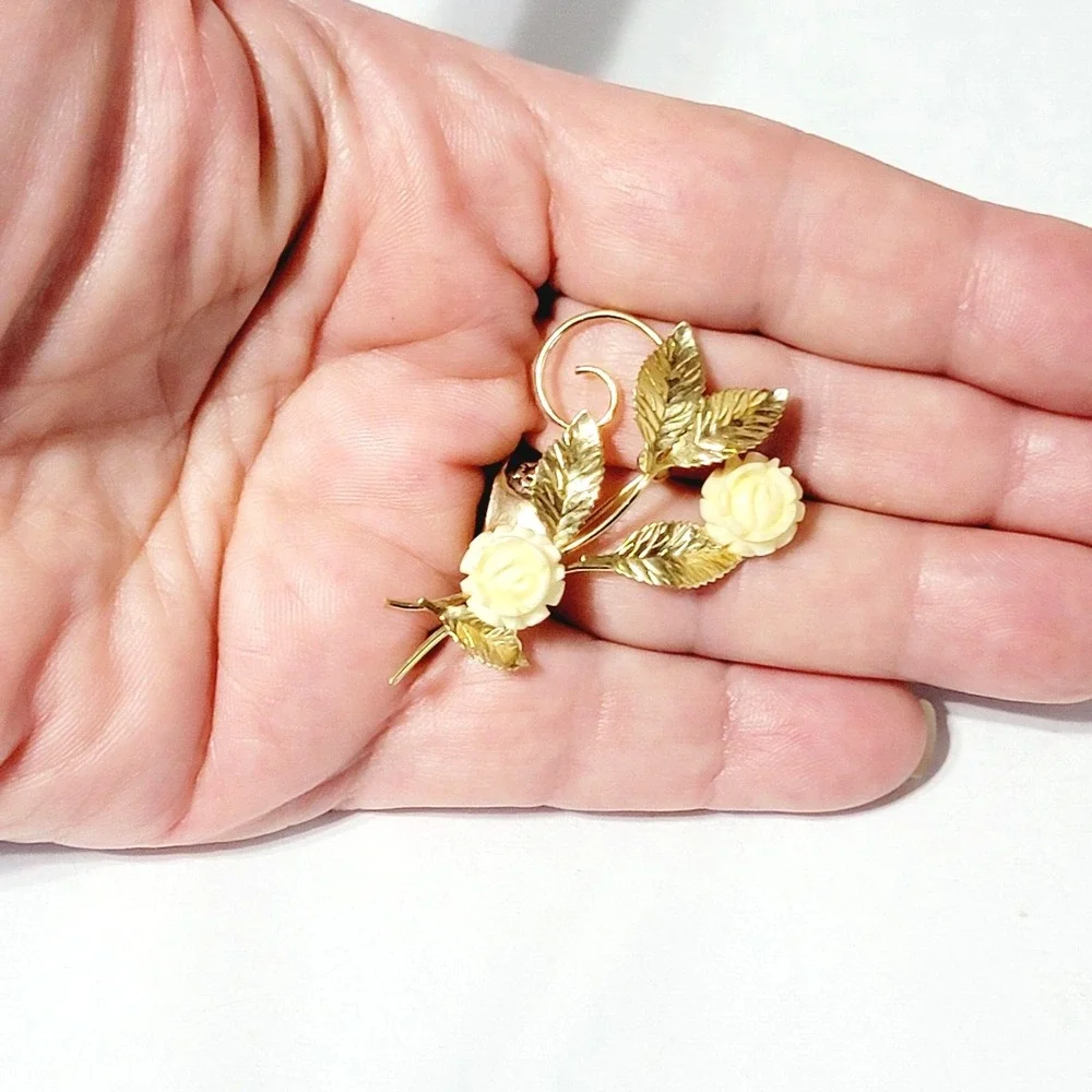 Vintage White Brooch Pin 14K GF Flower Rose Carla Signed Floral Jewelry